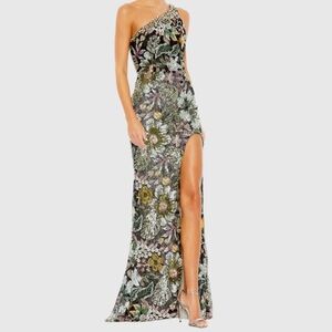 MAC DUGGAL Black Floral Sequined Embroidered One Shoulder Trumpet Gown Size 4